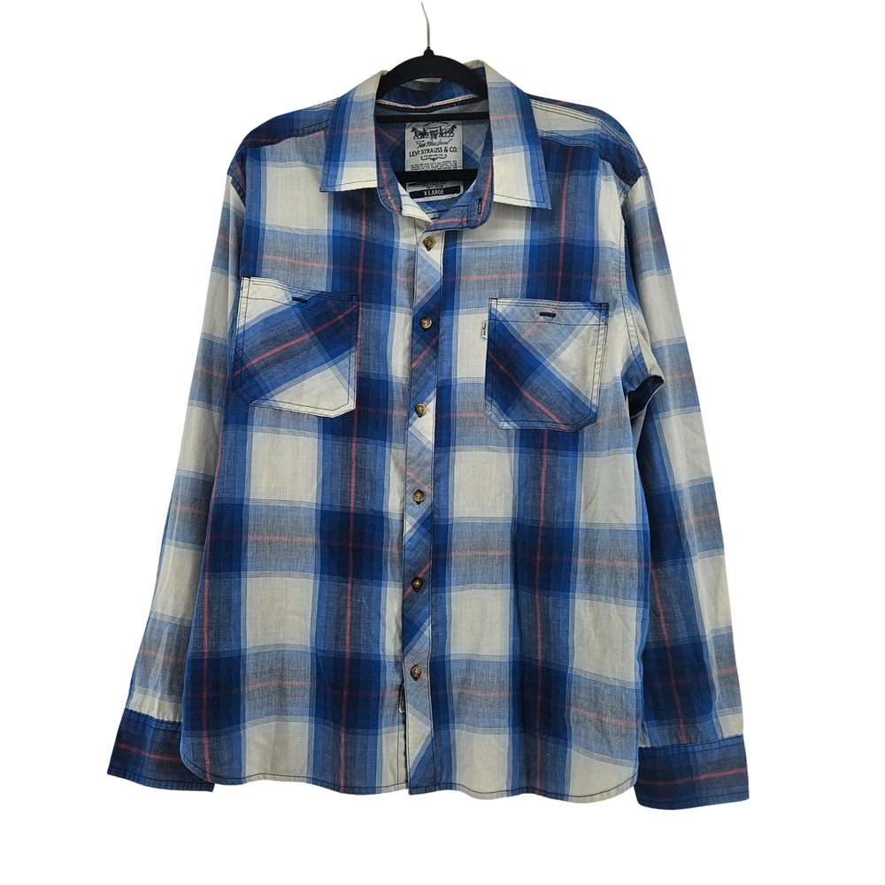 Levis Mens XL Blue Plaid Long Sleeve Button Down Shirt Western Workwear